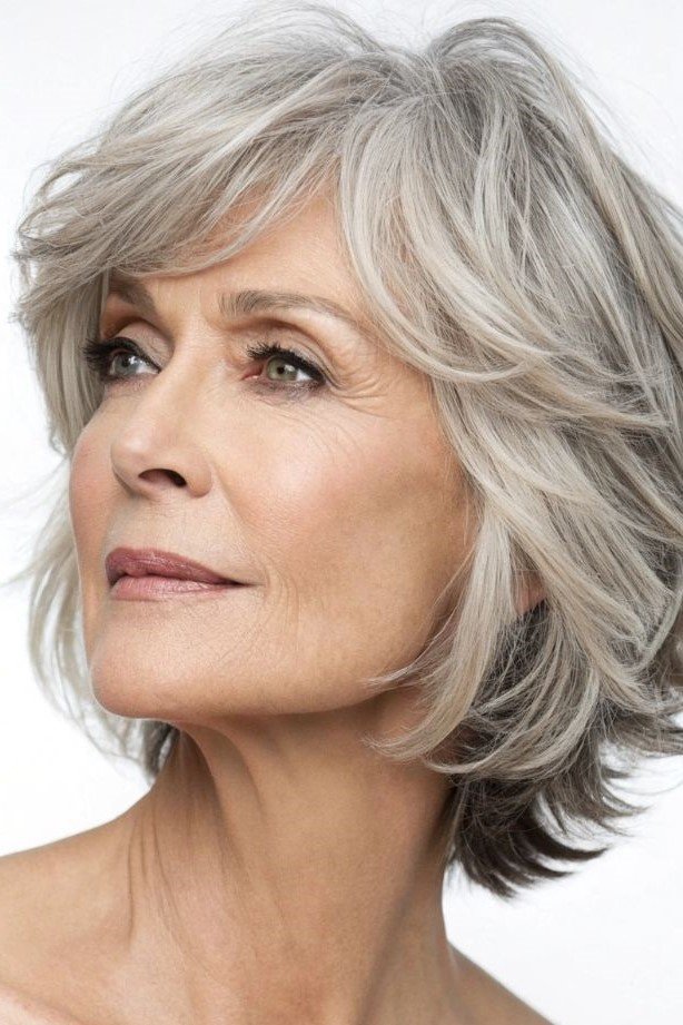 12. Layered Silver Feathered Bob with Side Swept Fringe