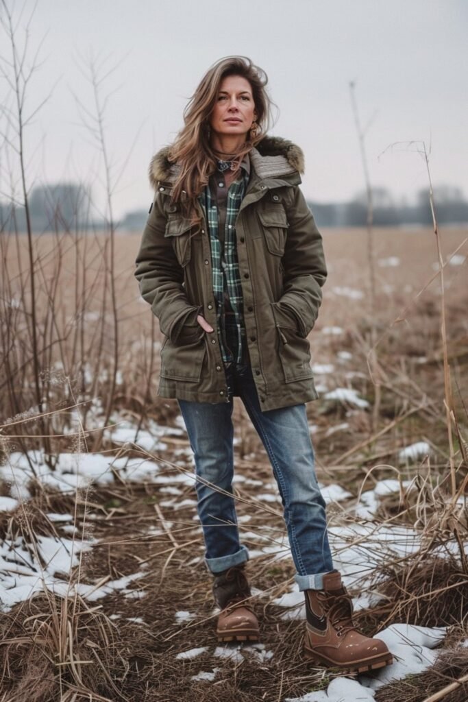12. Olive Parka with Plaid Flannel and Boots