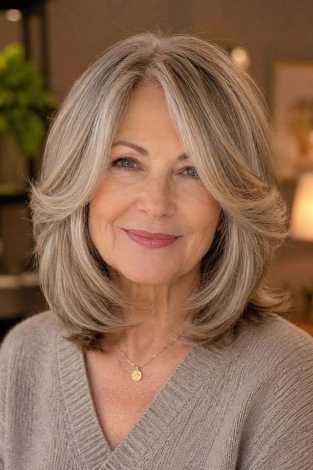 12. Rounded Ash Blonde Cut with Layered Curtain Bangs