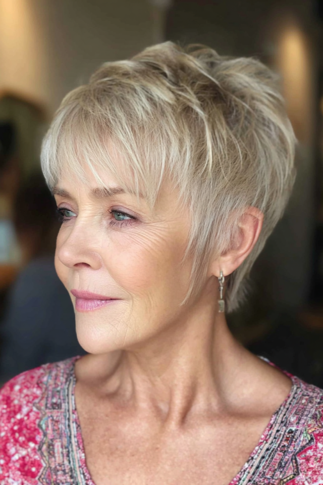 12. Textured Short Pixie with Layered Fringe