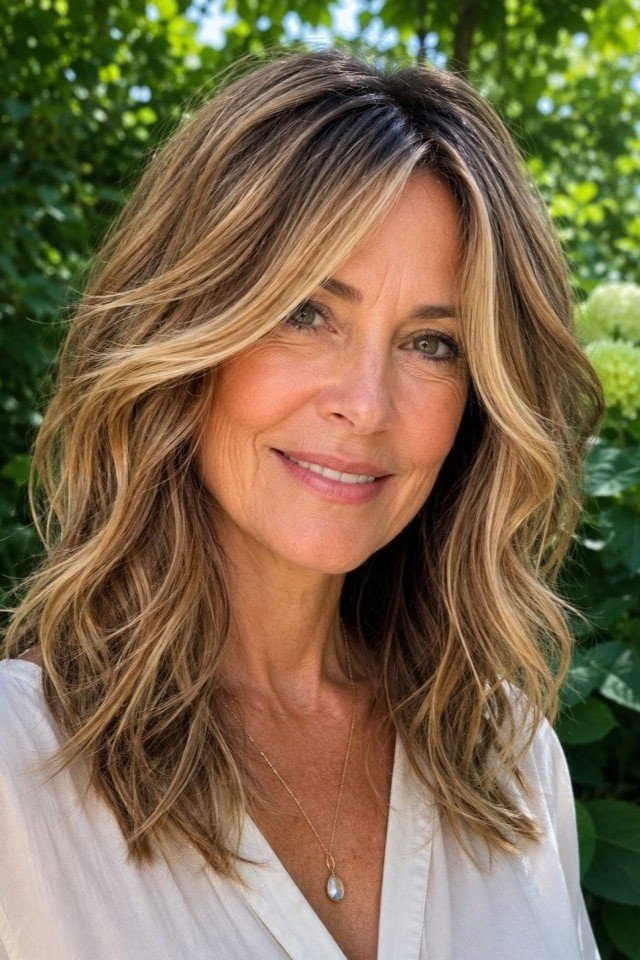 12. Tousled Blonde Waves with Curtain Bangs