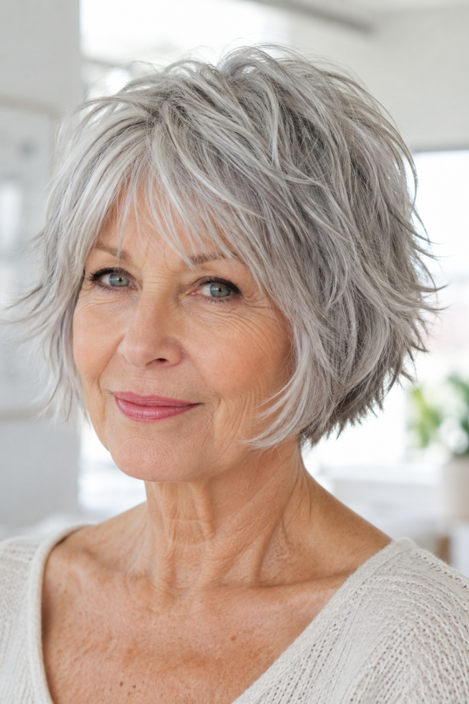 12. Tousled Silver Shaggy Bob with Wispy Bangs