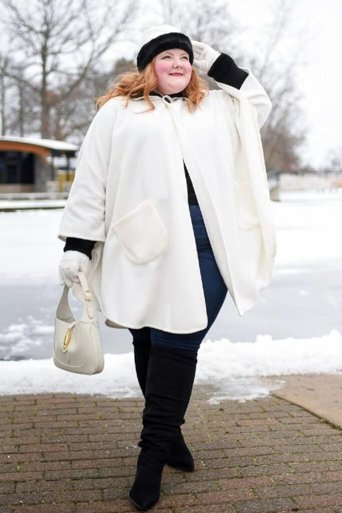 12. White Cape Coat with Over-the-Knee Boots