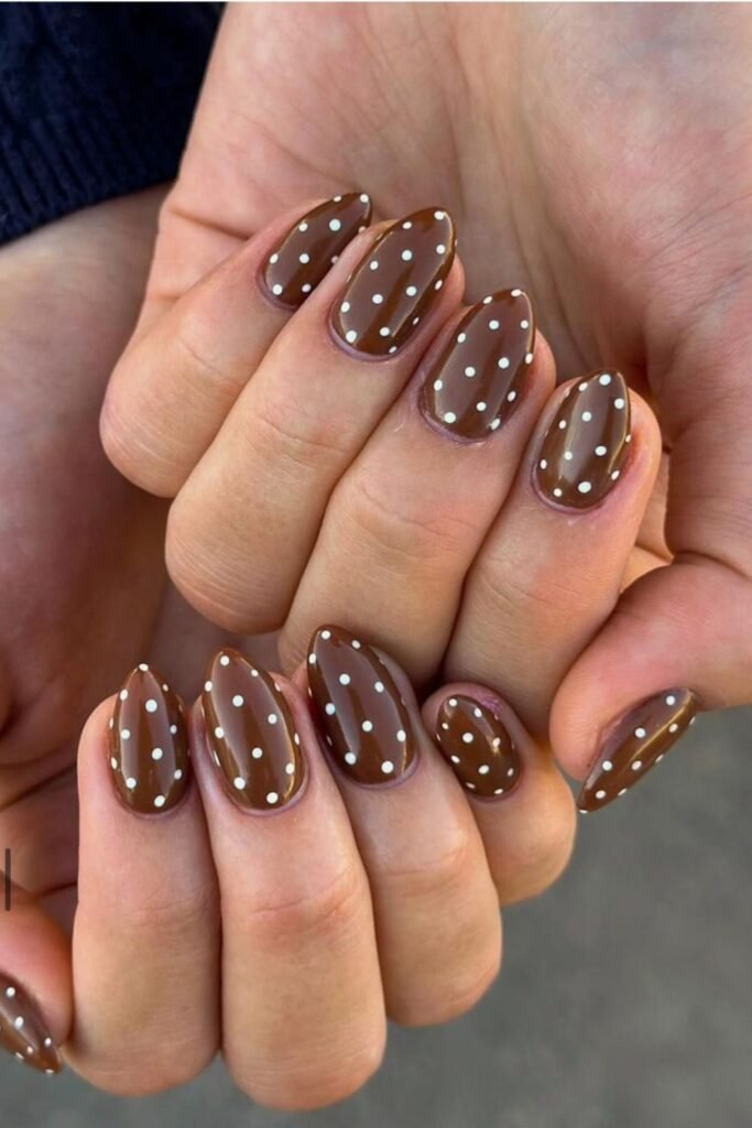 13. Caramel Brown Nails with White Dots