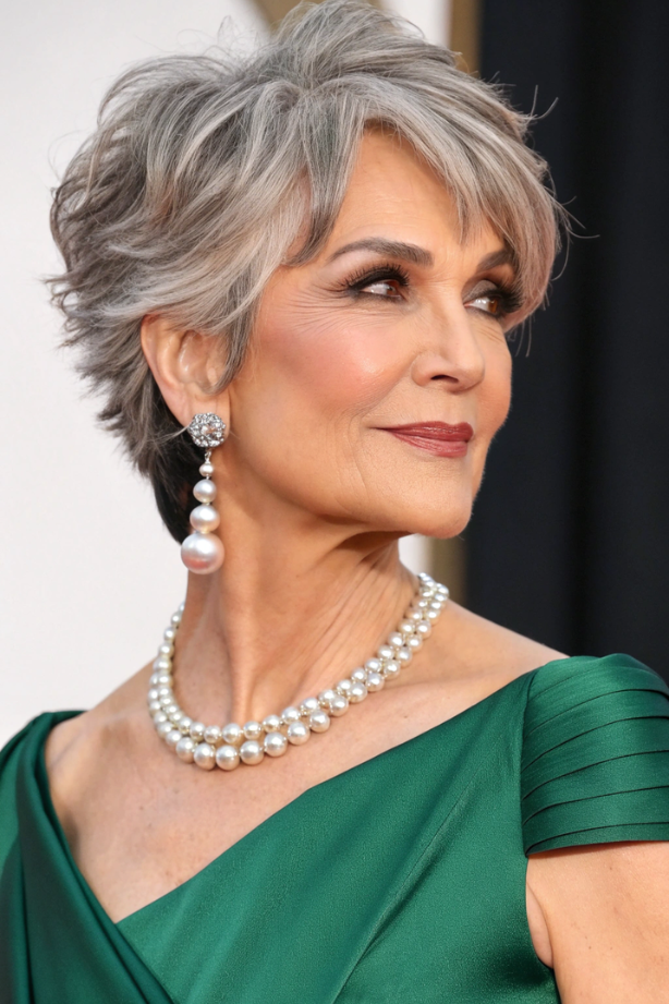 13. Elegant Salt-and-Pepper Pixie Shag with Side-Swept Volume