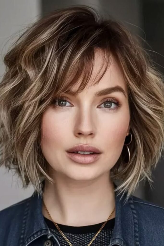 13. Highlighted Wavy Bob with Side Bangs
