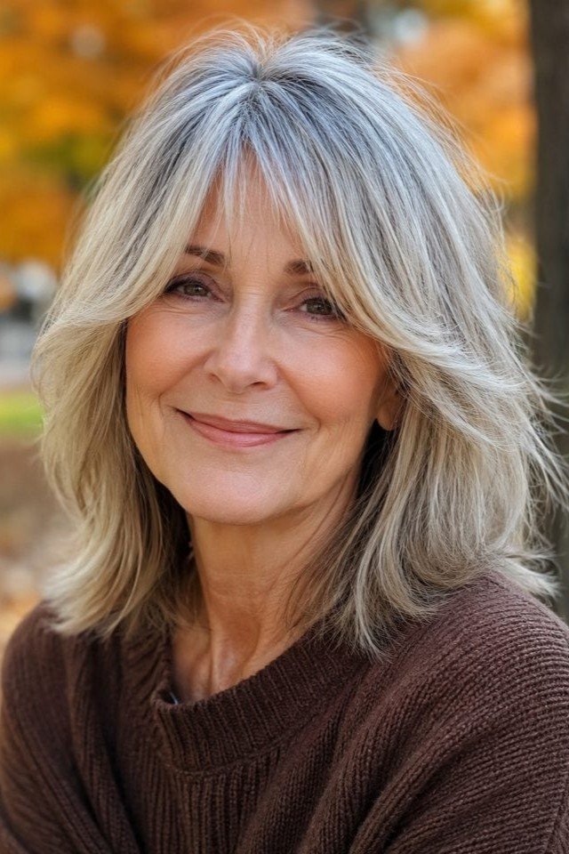 13. Layered Silver Lob with Wispy Fringe Bangs