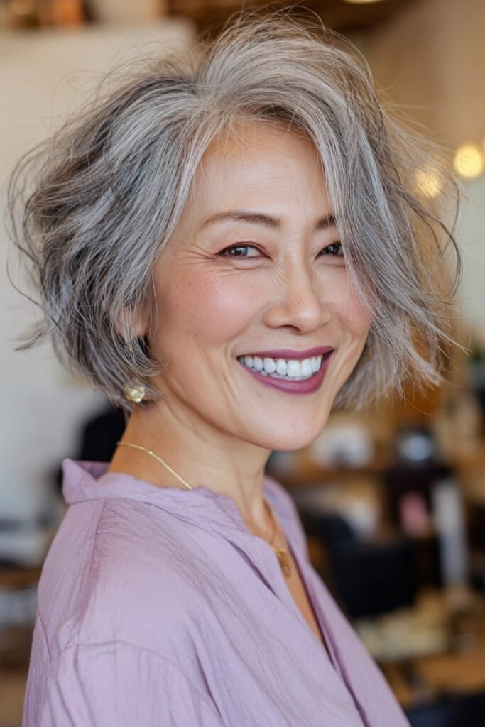 13. Messy Silver Grey Textured Bob with Side Part
