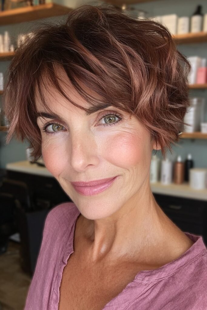 13. Tousled Auburn French Bob with Wispy Bangs