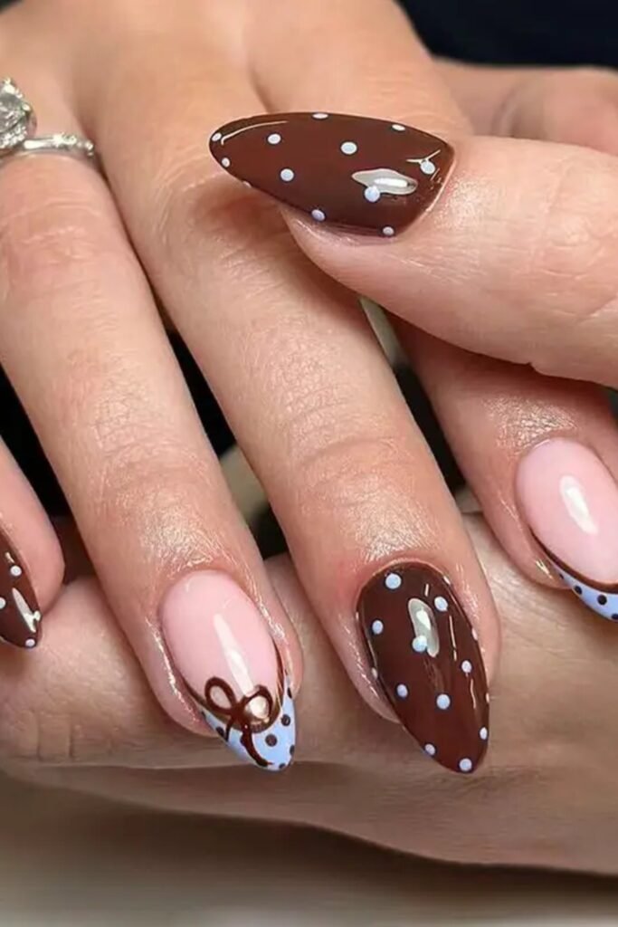 14. Chocolate and Baby Blue Dot Nails with Bow