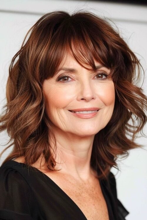 14. Chestnut Brown Wavy Cut with Full Wispy Bangs