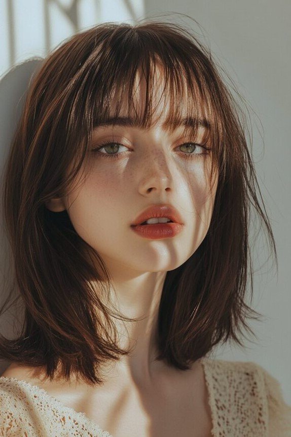 14. Soft Dark Brunette Textured Cut with Wispy See-Through Bangs