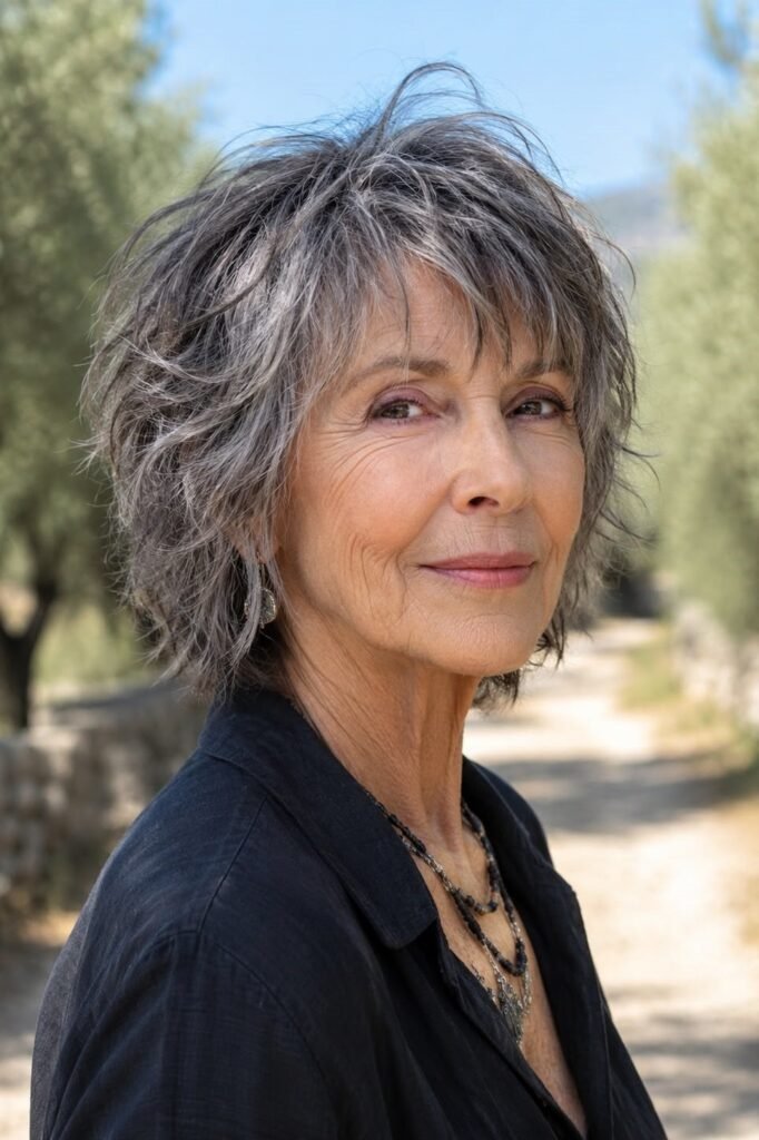 14. Textured Charcoal Gray Shag Bob with Soft Fringe