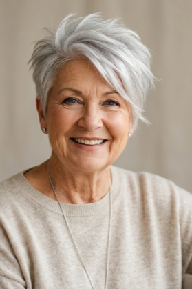 14. Voluminous Swept-Side Silver Pixie Cut