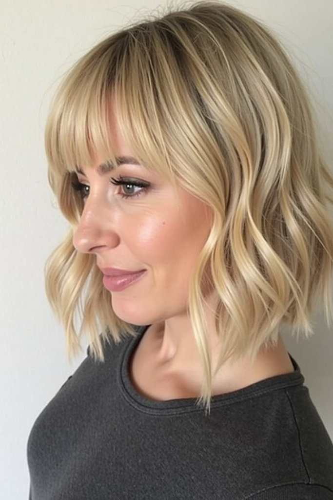 14. Wavy Bright Blonde Bob with Full Eyebrow-Grazing Fringe