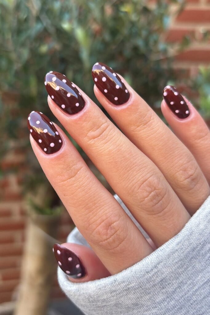 15. Burgundy Nails with Pink Dots
