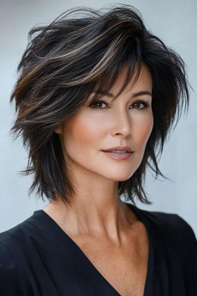 15. Angled Brunette Balayage Choppy Lob
