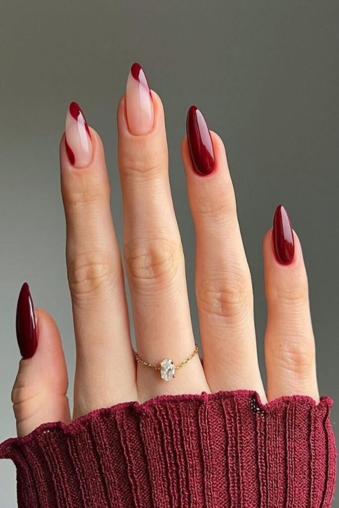 15. Burgundy Nude Swirl French Nails