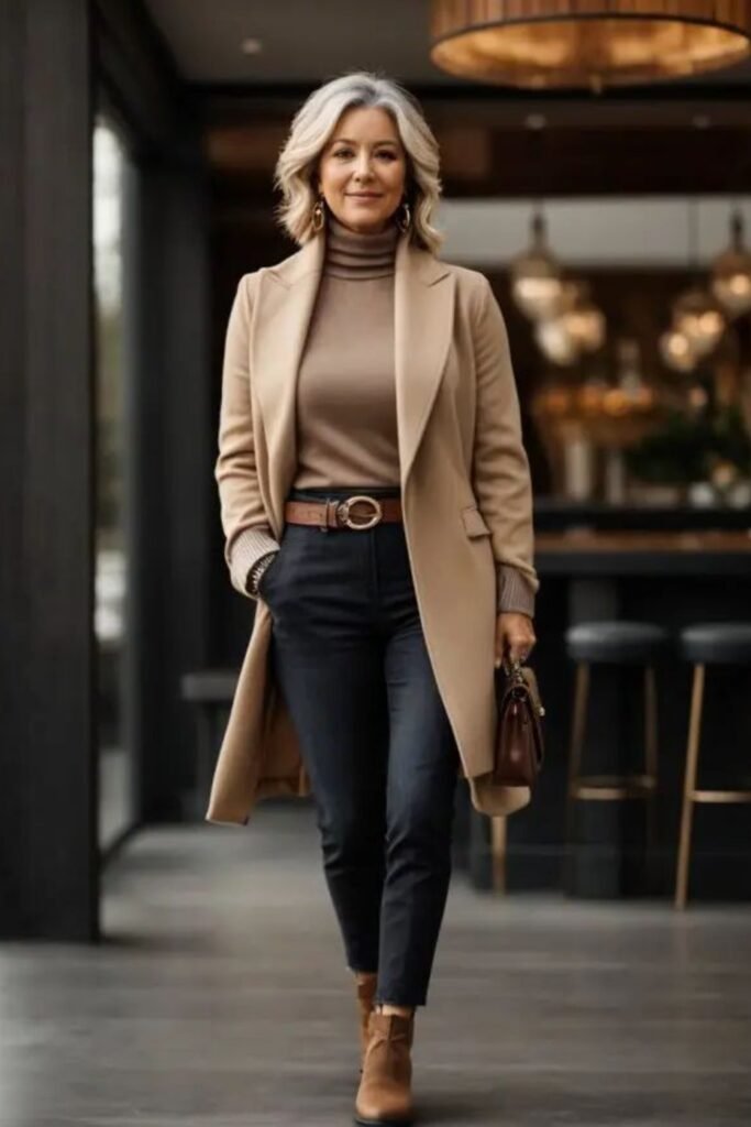 15. Camel Coat with Turtleneck and Navy Trousers