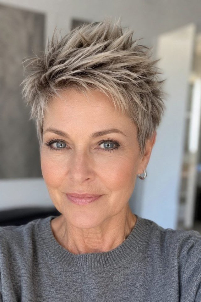 15. Edgy Ash Platinum Pixie Cut with Spiky Texture