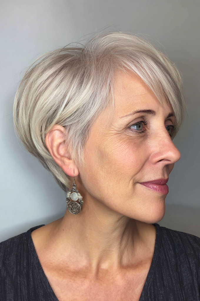 15. Sleek Stacked Pixie Bob with Side Fringe
