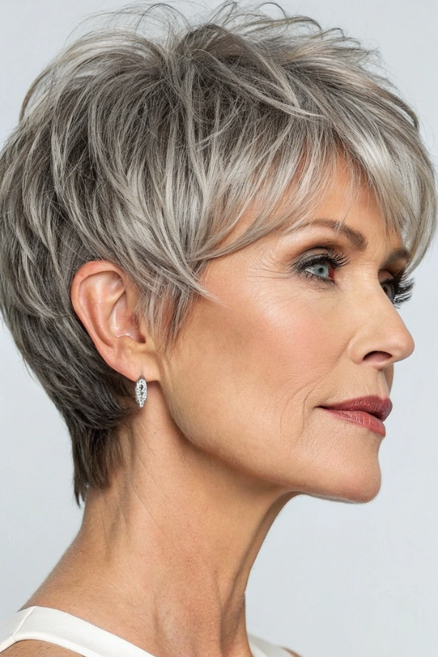 15. Tapered Silver Pixie Shag with Layered Side Bangs