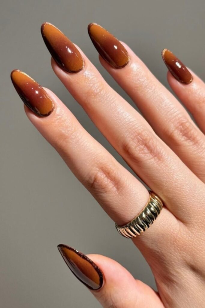 16. Toffee Brown Aura Nails with Shimmer Outline