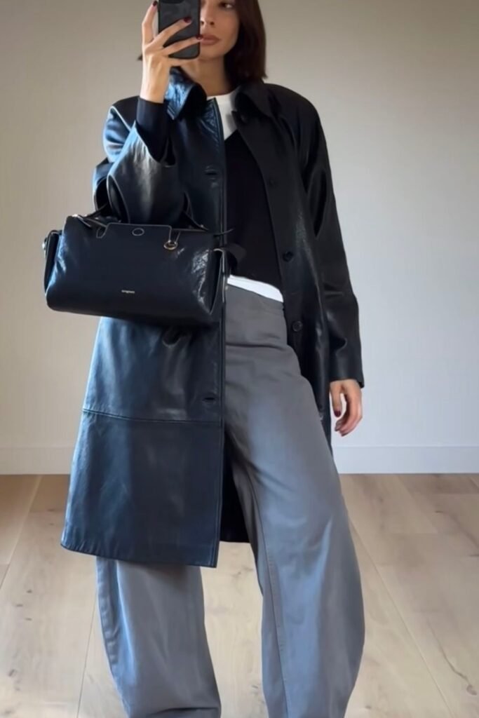 16. Black Leather Coat with Grey Barrel Trousers