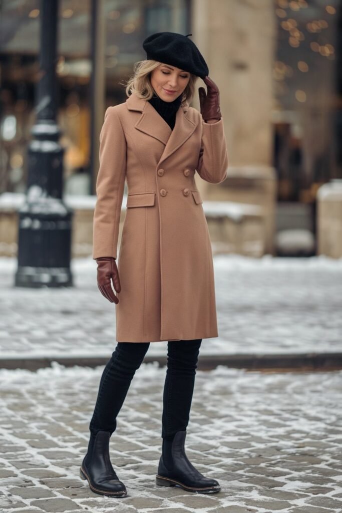 16. Camel Double-Breasted Coat with Beret