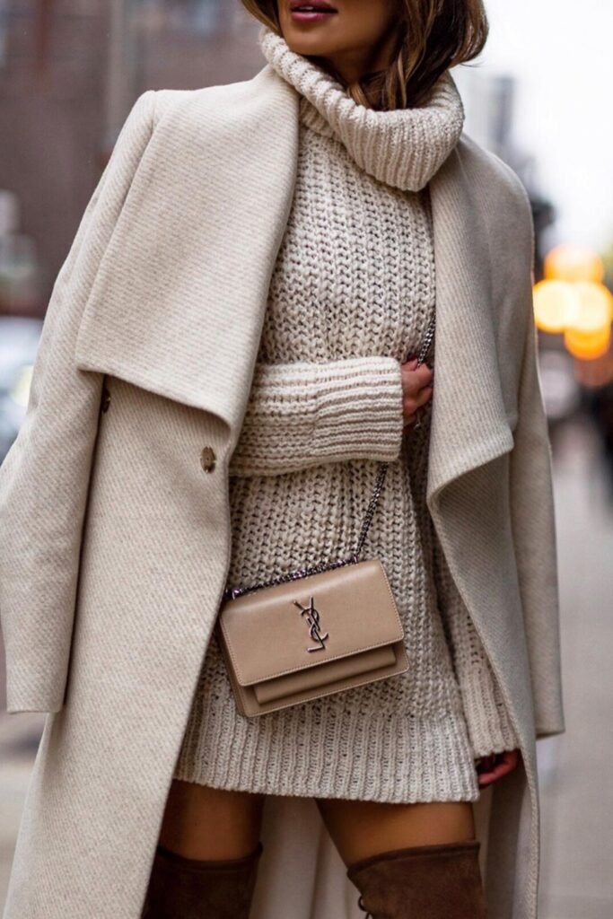16. Chunky Knit Dress with Cream Coat and Over-the-Knee Boots