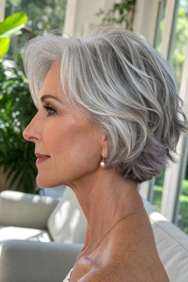 16. Layered Silver Swept-Back Bob with Soft Ends