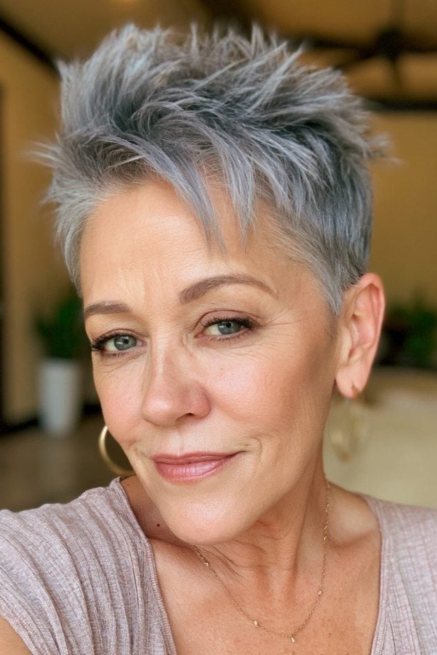 16. Slate Gray Pixie Cut with Asymmetrical Spiky Top