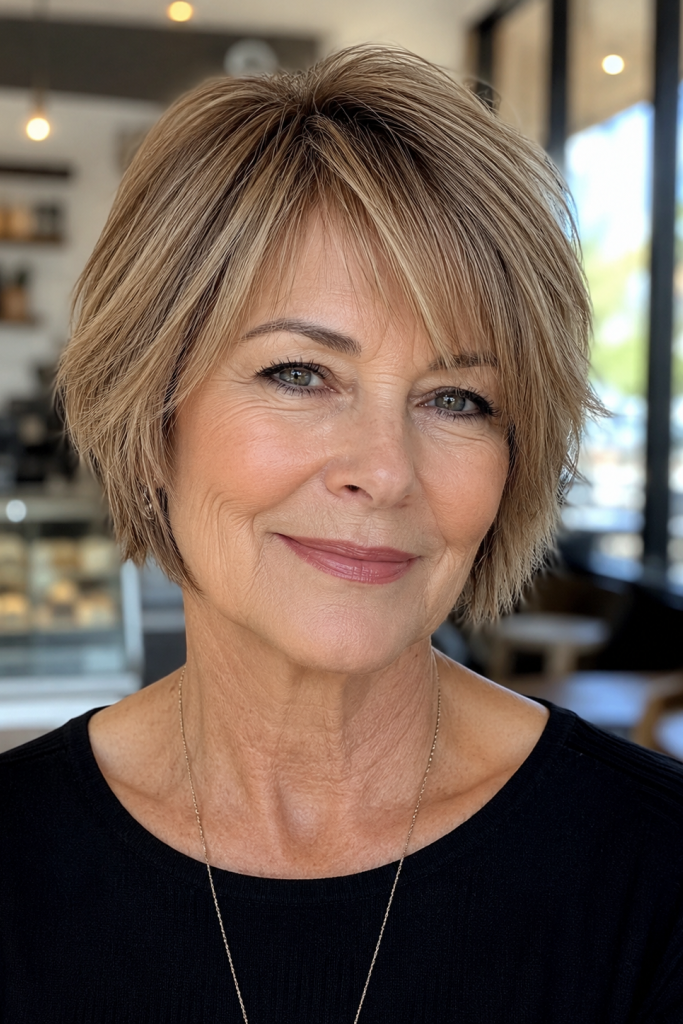16. Soft Honey Blonde Layered Bob with Wispy Bangs