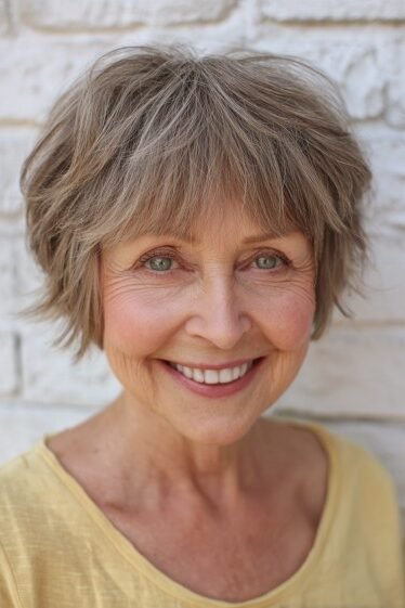 16. Tousled Light Brown Bob with Full Fringe