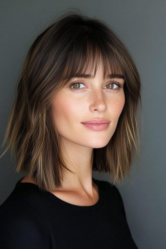 17. Dark Blonde Textured Lob with Soft Airy Fringe