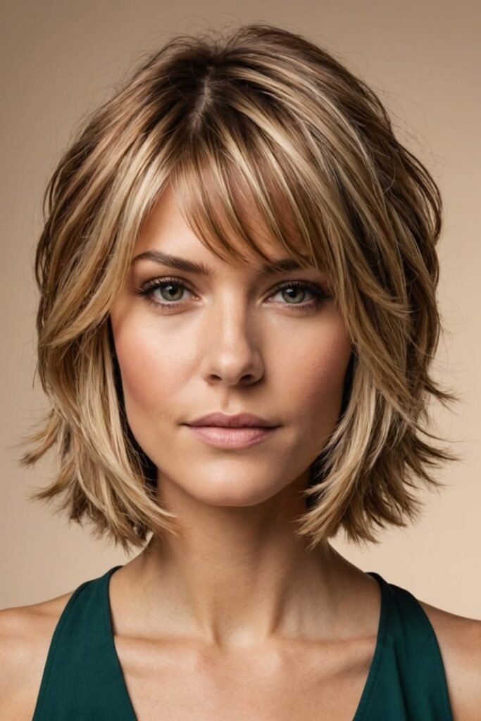 17. Layered Feathered Shag Bob with Side-Swept Bangs