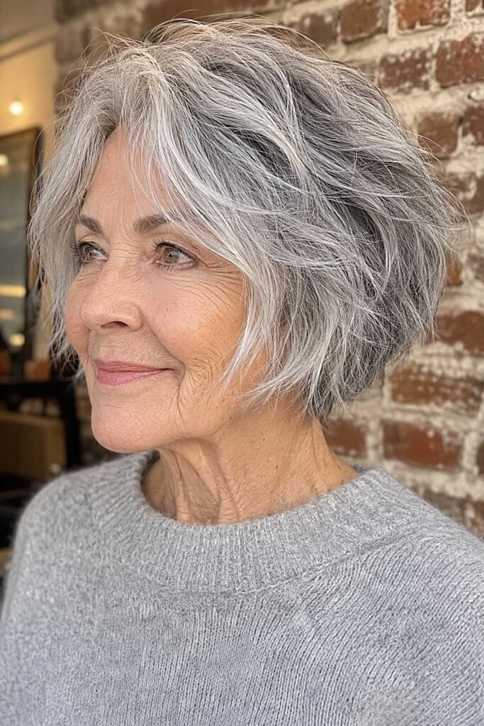 17. Layered Salt-and-Pepper Bob with Side-Swept Bangs