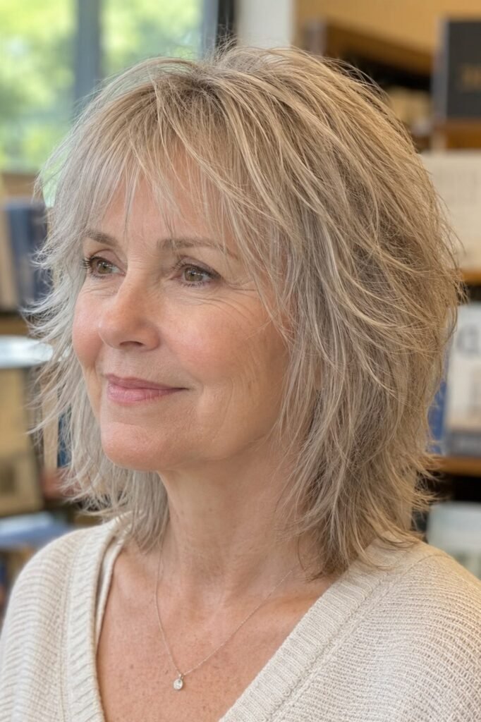 17. Medium-Length Silver Shag Cut with Feathered Curtain Bangs