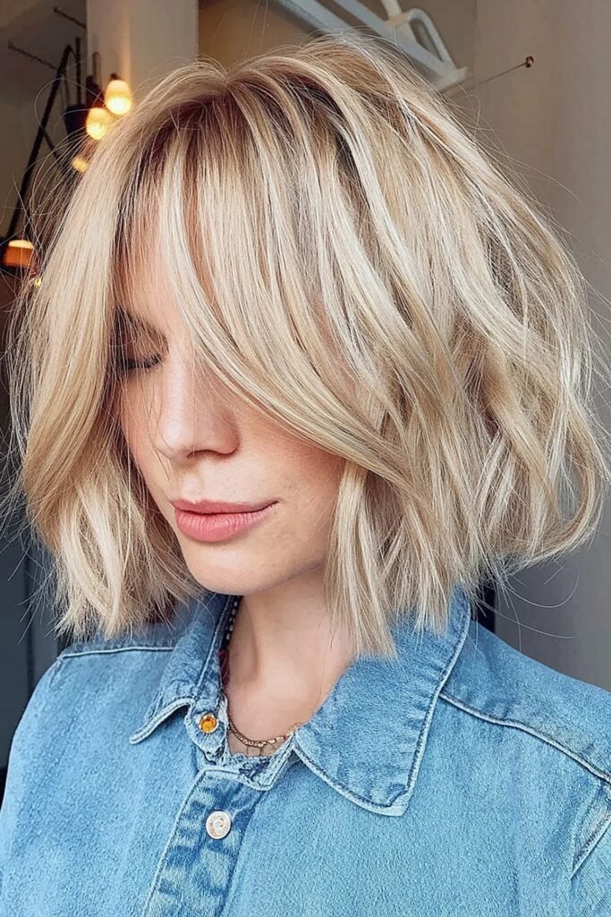 17. Soft Brown Choppy Bob with Long Side Bangs