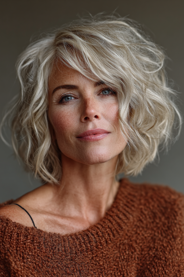 17. Wavy Blonde Bob with Side-Swept Bangs