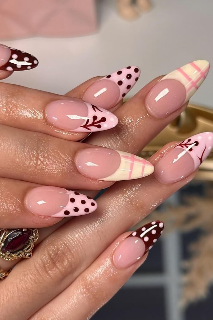 18. Pink French Tips with Dots, Plaid, and Cherry Art