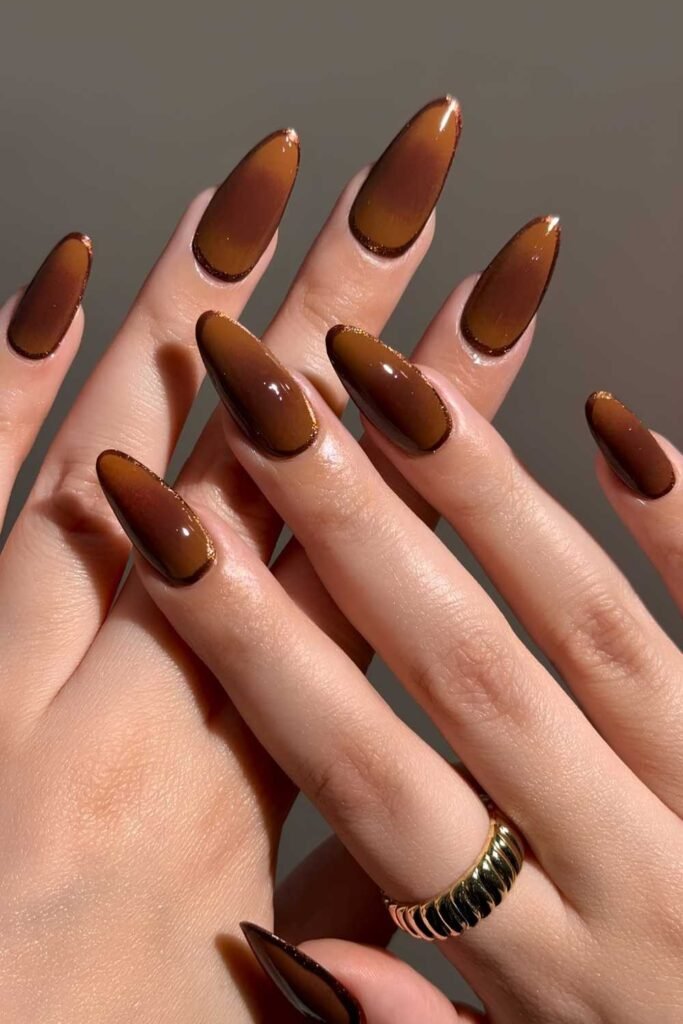 18. Chocolate Lily Stiletto Aura Nails
