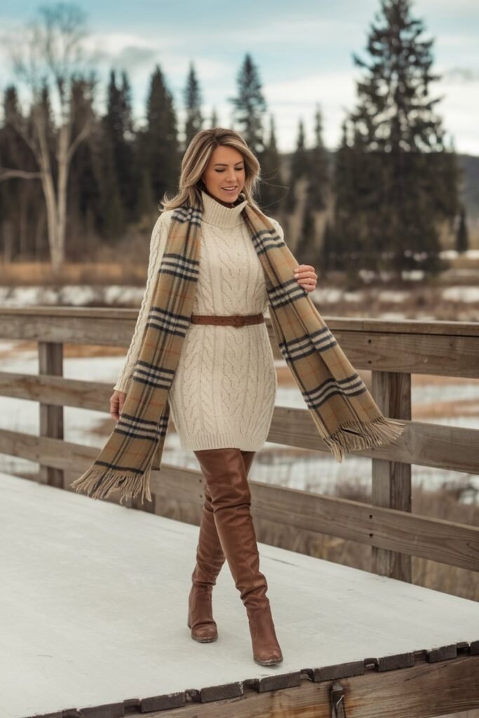 18. Cable Knit Sweater Dress with Over-the-Knee Boots