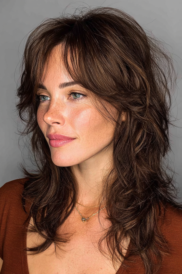18. Chestnut Brown Medium Layered Shag with Long Wispy Fringe