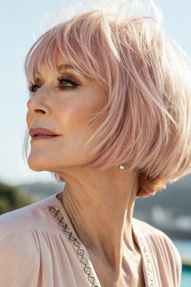 18. Pastel Pink Short Choppy Bob with Soft Bangs