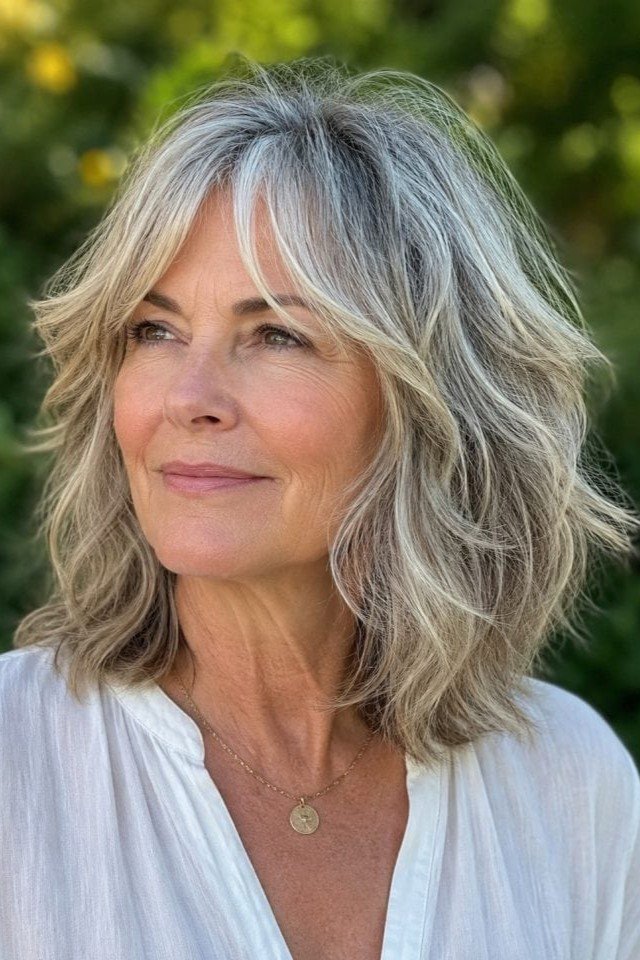 18. Textured Silver Layered Shag with Curtain Fringe