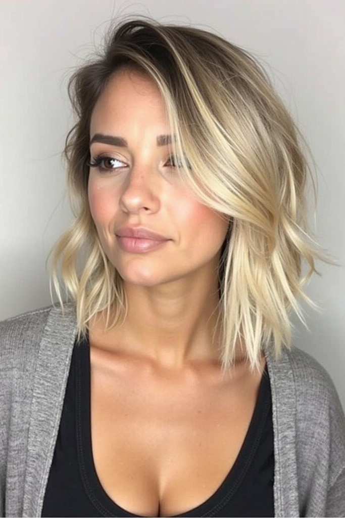 18. Tousled Blonde Balayage Bob with Deep Side-Swept Layering