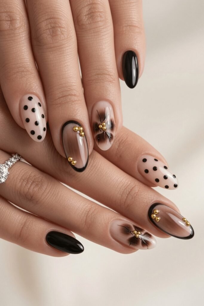 19. Black and Nude Dots with Gold Beads