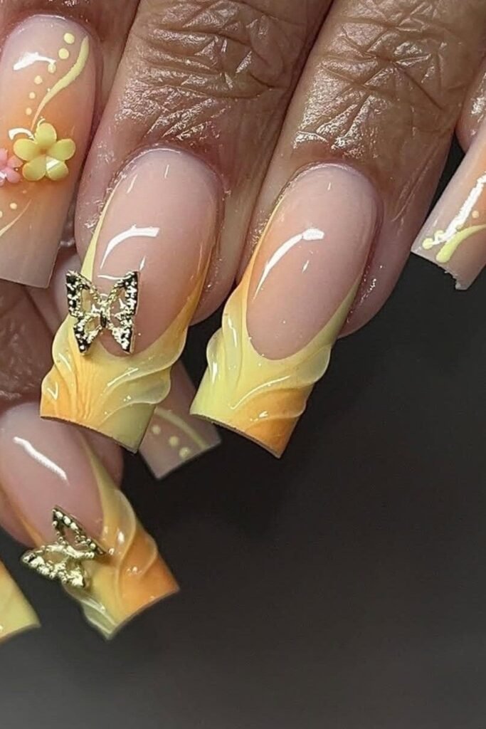 19. Yellow and Orange French with Gold Butterflies
