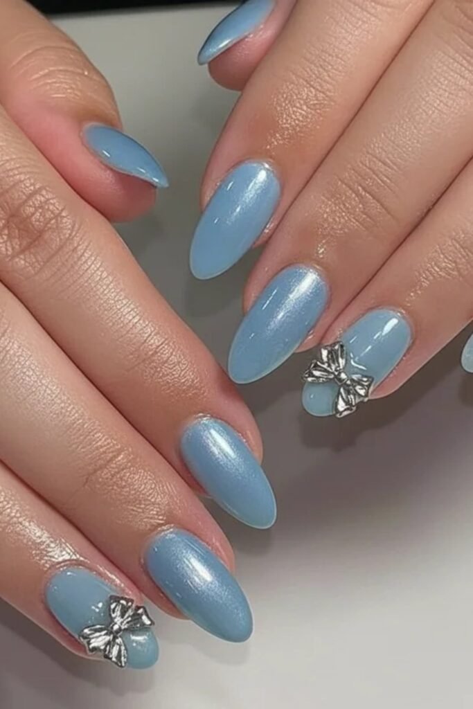 19. Blue and White Diagonal Stripe Nails